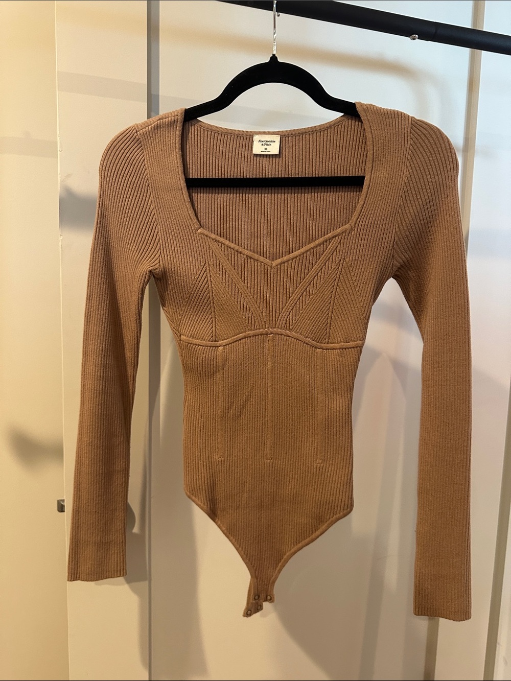 Abercrombie & Fitch Camel Ribbed Long-Sleeve Bodysuit